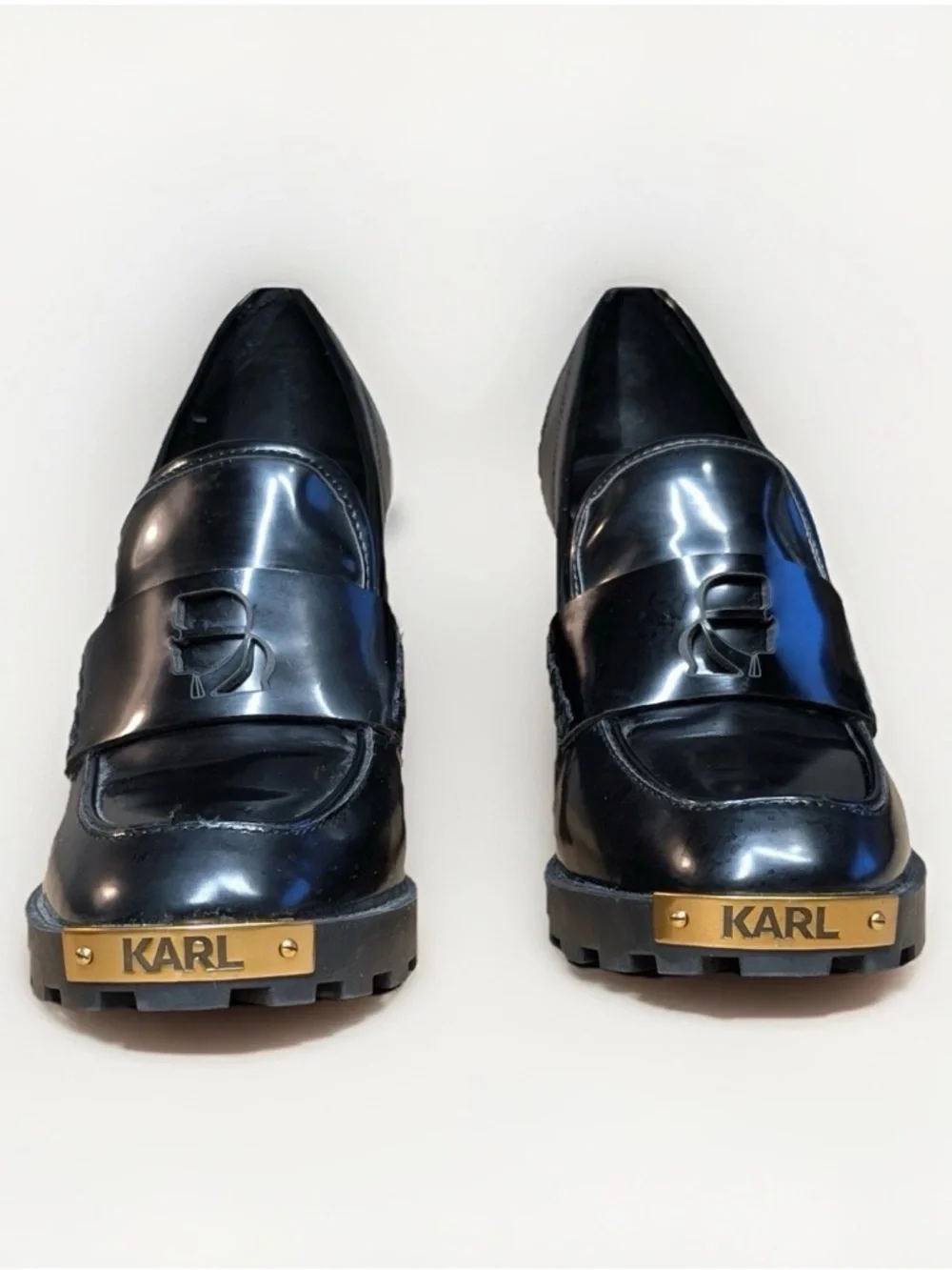Karl Lagerfield Women's High Heel Pumps Loafers Chunky Black & Gold Logo Sz 8.5M - Picture 3 of 11